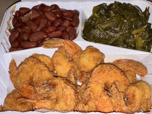 Fried Shrimp with collard greens and red beans and rice.