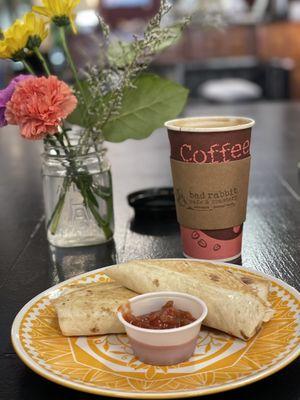 Bad Rabbits breakfast burrito and Americano coffee. Delicious!! Friendly staff as well. Cute spot, definitely worth the stop.