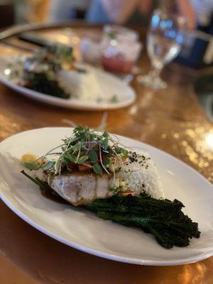 Fresh catch tuna with broccolini and pineapple salsa with jasmine rice