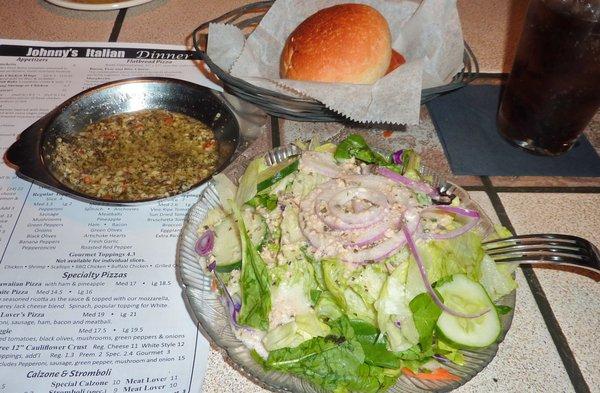 Salad included with the Spaghetti Dinner. House Italian dressing OK, but a little sweet. Warm Bread with Dipping Oil.