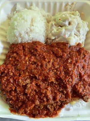 Hawaiian Chili over chicken with two scoops rice and mac salad. Lunch Plate Special.