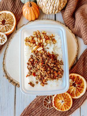 Picadillo over white rice with papitas