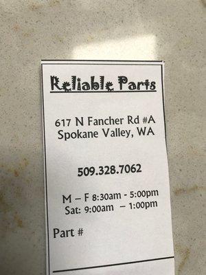 Reliable parts has moved. New address is: 617 N Fancher Rd #A Spokane Valley, WA