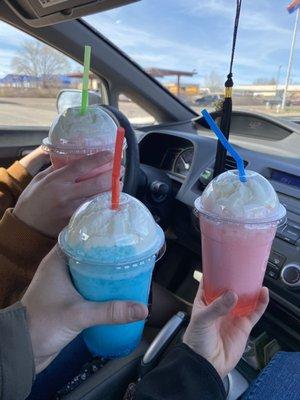 Italian cream sodas: Razzleberry, Blue oasis, Flamingo.