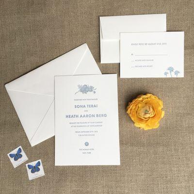 Succulent themed custom letterpress wedding invitations.