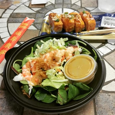 Thai shrimp salad and wild salmon sushi