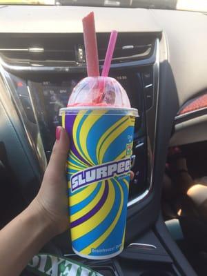 Wild cherry slurpee with a sour patch straw!!