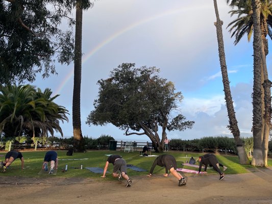 Rainbow, ocean, sunrise, great people, and fun workout.