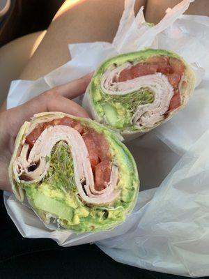 Honeymoon wrap. Turkey, avocado, tomato, sprouts, honey mustard.