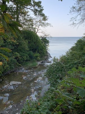 Top of the waterfall with a view of Lake Erie.