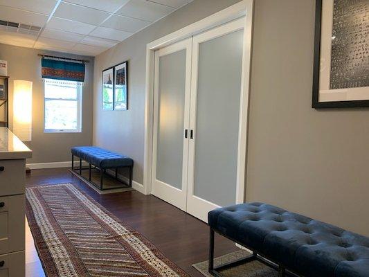 Relax and chat with friends before and after your yoga class in our comfortable reception area.