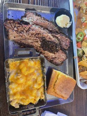 Brisket, Baked Mac and Cheese, and Cornbread with Honey Butter