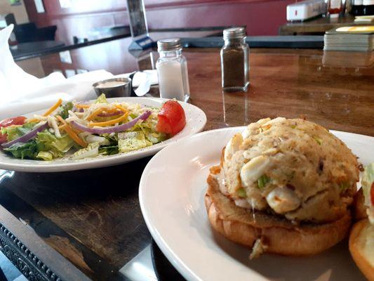 Crab cake and salad.