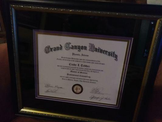 This is my MS degree in Professional Counseling. Same colors different school slightly bigger for contrast. Awesome!