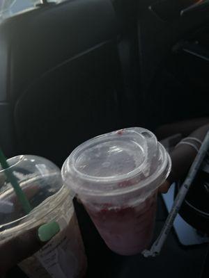 On the left is a Carmel crunch frappe and on the right is a pink drink