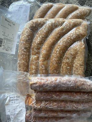 Mild and spicy Boudin- I get both flavors and stock up for when I have gatherings