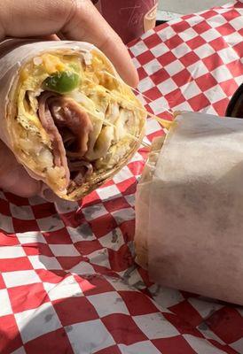 Inside one of their tasty breakfast burritos - ask for extra sauce - YUM