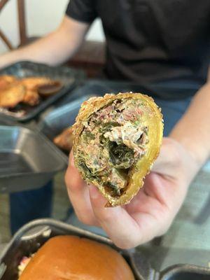 Collards/cream cheese, brisket, and raspberry chipotle - eggroll