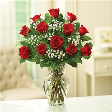 1 DOZEN LONG STEM RED ROSES IN CLEAR GLASS VASE