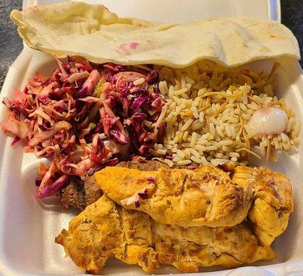 Chicken tenders, losh kebab, slaw & pilaf.