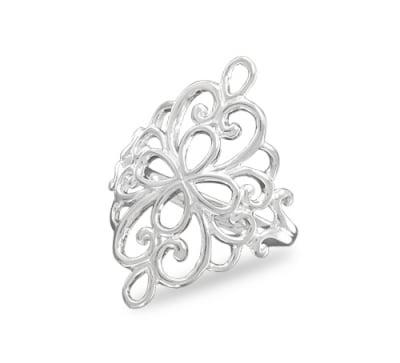 Polished sterling silver ornate filigree design ring.