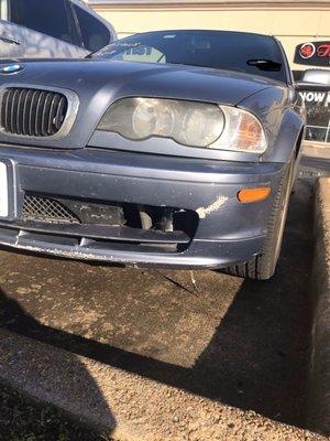 Bumper damage/broken, fog light missing, sensor broken, paint damage