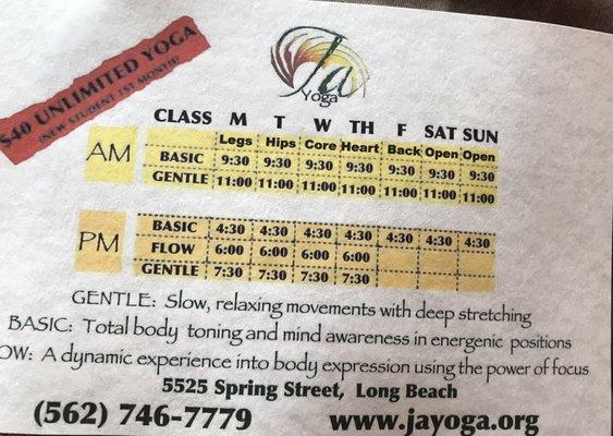 Schedule of Ja Yoga!