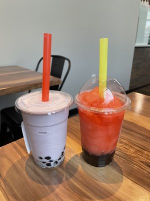 Taro smoothie and dragonfruit ice