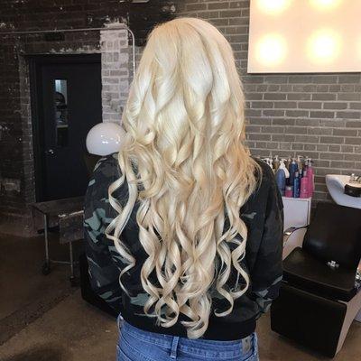 22" Extensions.  High lift tint for color.  Products: ColorProof SignatureBlonde, a mix of Restorative Filler, Heatproof, Control Craze.