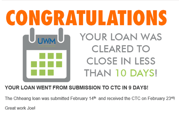 From submission to clear to close - 9 days!