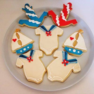 Nautical themed baby shower cookies in onesies, anchors & sailboats!