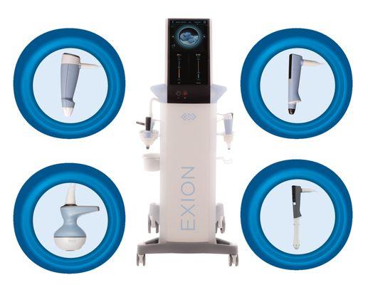 Exion, a versatile device with RF Micro-Needling, Face Applicator, Body Applicator and Emfemme 360 applicator for intimate health