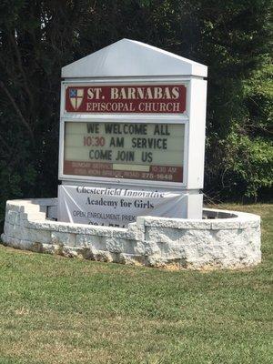 Church sign at the intersection of Iron Bridge Road & Cascades Street.