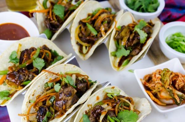 Korean Ribeye Tacos with Spicy Gochujang Sauce and Kimchi