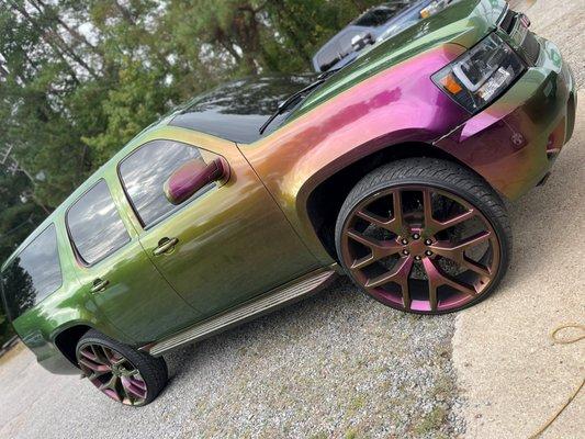 Truck completley customzied with paint, rims, interior, sunrook and music, all done at JTK Kustomz & Apparel