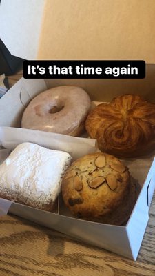 Brown butter donut, kouign amann, beignet, and cherry almond scone