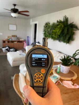 Checking moisture readings in a Meridian home with water damage.