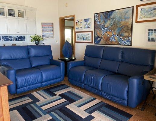 Gorgeous blue leather reclining sofa and loveseat by LD Upholstery Maui!