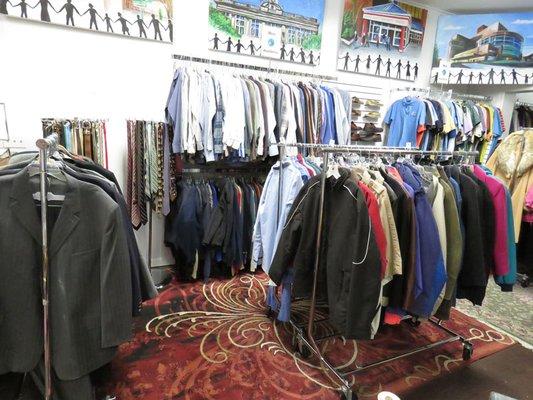 Men's suits and ties, business and formal coats.