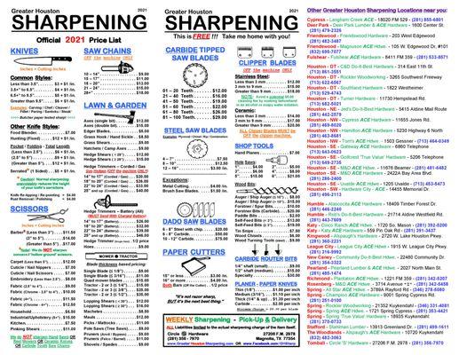 Greater Houston Sharpening @ Circle 'S' Hardware 2023 GHS Price List OR see our site https://GreaterHoustonSharpening.com/Locations/