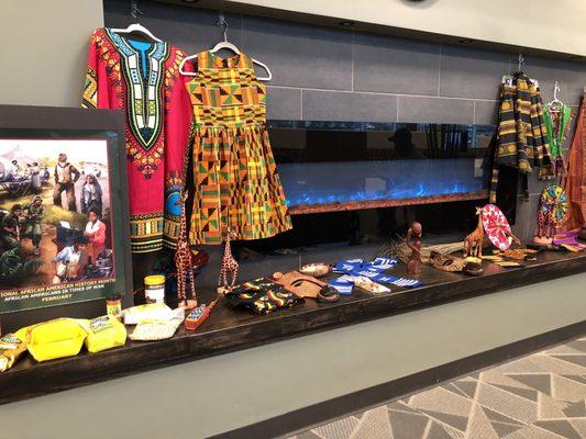 Black History Month display for February by the nice and relaxing "fireplace" in the waiting area