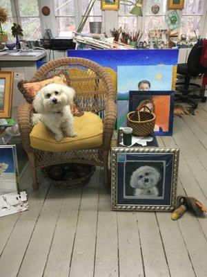 Winston likes sitting by his portrait.