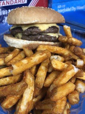 Double cheeseburger with fries. And I got a free soda.