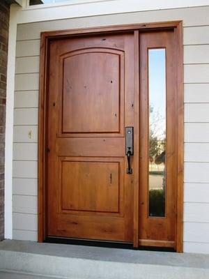 Stain & finish wood front doors. Refinish when needed and perform annual maintenance to keep them looking new.