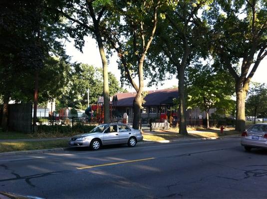 Playground, splash pad, and field house from OP ave