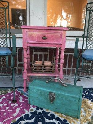 Purchased pink painted table, twig/terracotta planter, and teal painted tool box for front porch