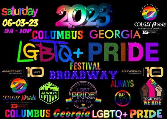 Advertisement for the 2023 Columbus Georgia LGBTQ Pride Festival 10th anniversary