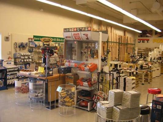 In stock are drill bits, saw blades, sandpaper, finish, stains, power tools, hand tools, etc.