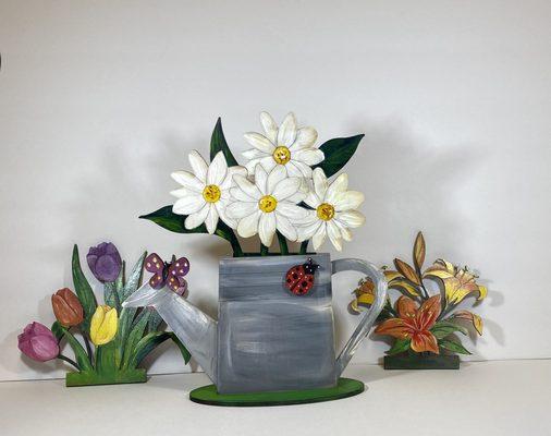 Set of a Wood Cutout shelf Sitter with 3 set of flowers