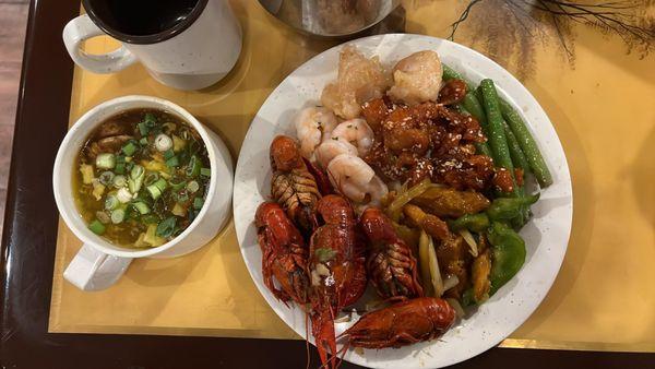 I love to mix hot/sour soup with egg drop soup, coconut shrimp sesame chic, green beens, hibachi chic, butter shrimp & crawfish